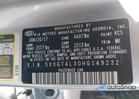 2017 Kia Optima Lx z USA, uszkodzony, nr VIN 5XXGT4L30HG149232